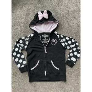 Girls black Minnie Mouse zip up hooded sweatshirt with mouse ears/bow, size Med